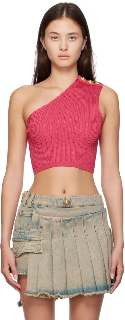 Balmain Asymmetric Buttoned Knit Top In Pink