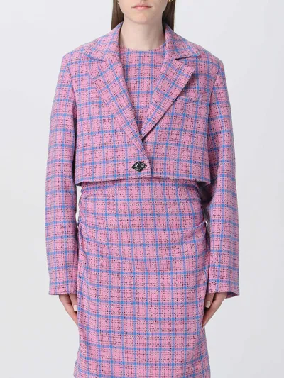 Ganni Long Sleeve Check Suiting Cropped Blazer In Wild Orchid