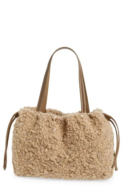 Brunello Cucinelli Large Embroidered Wool Tote Bag In Camel