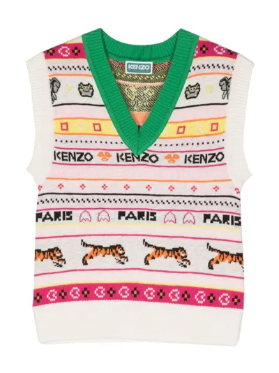 Kenzo Kids' Jacquard V-neck Vest In Neutrals