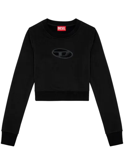 Diesel Logo Cropped Cotton Blend Crewneck In Black