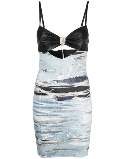 John Richmond Distressed Denim-print Mini Dress In Blue