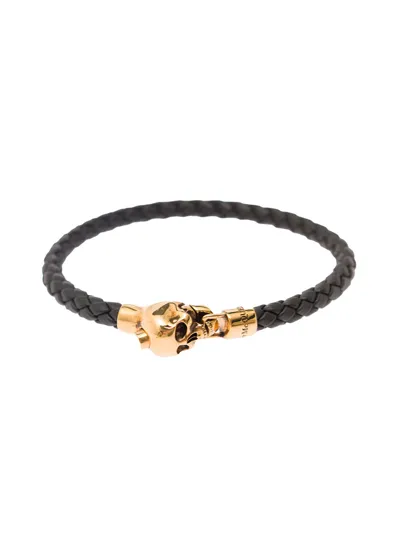 Alexander Mcqueen Black Braided Leather Bracelet With Skull Detail In Brass Man