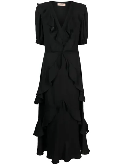 Twinset Ruffled Short-sleeve Maxi Dress In Black