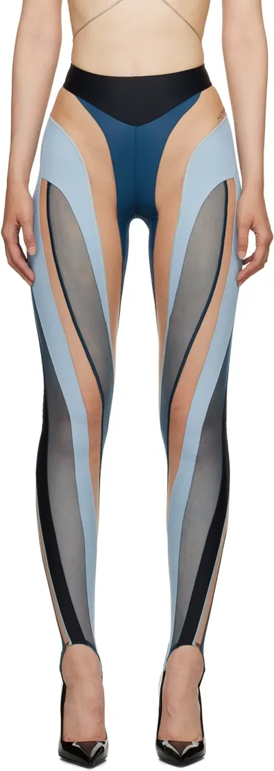 Mugler Spiral Panelled Leggings In Black & Light Blue