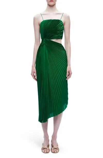 Alice And Olivia Fayeth Pleated Asymmetric Maxi Dress In Emerald