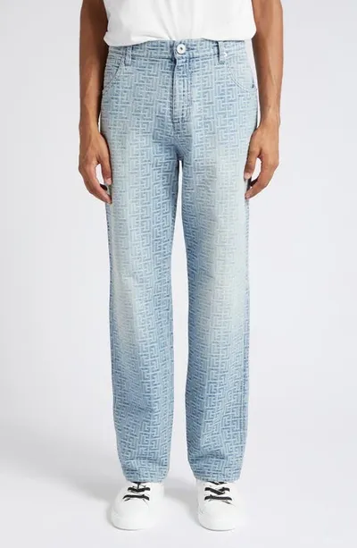 Balmain Monogram-jacquard Straight-leg Jeans In Blue