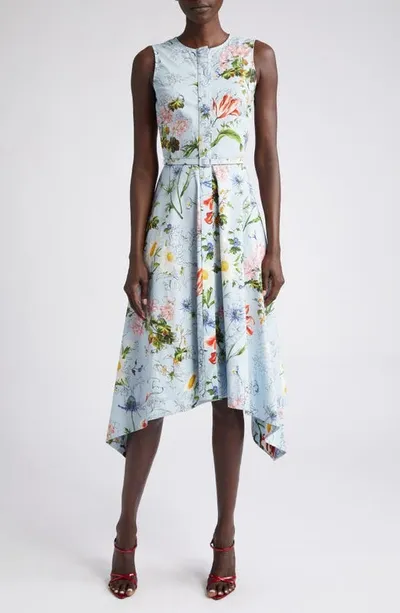 Oscar De La Renta Asymmetrical Unfinished Floral Cotton Poplin Dress In Light Blue Mult