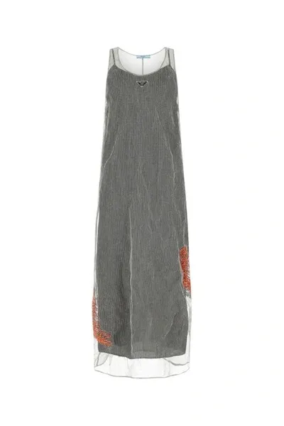 Prada Logo Plaque Mesh Maxi Dress In Silver