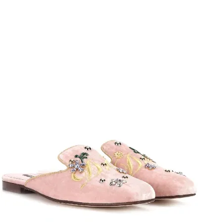 Dolce & Gabbana Woman Embellished Velvet Slippers Baby Pink