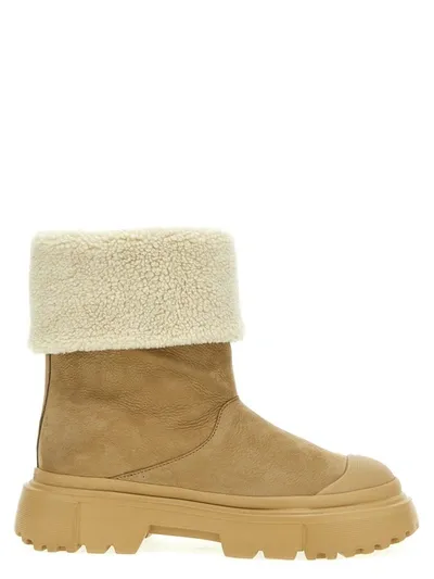 Hogan Sheepskin Detail Ankle Boots In Beige