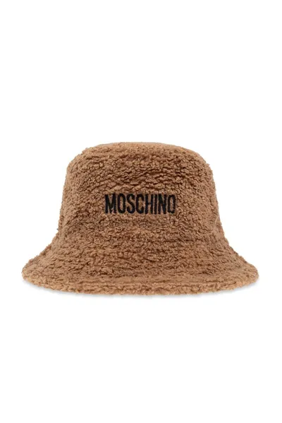 Moschino Logo Embroidered Faux Fur Bucket Hat In Brown