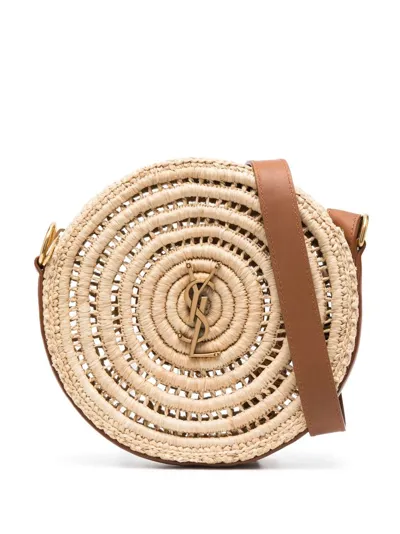 Saint Laurent Cassandre Round Leather-trimmed Raffia Shoulder Bag In 中性色