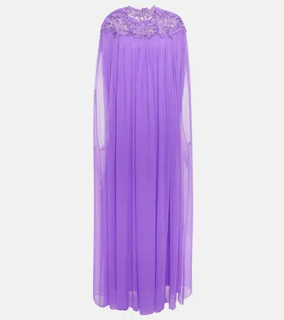 Oscar De La Renta Lace-trimmed Caped Silk Crêpe Gown In Purple