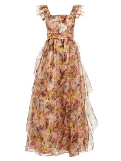 Alice And Olivia Jasmina Ruffled Floral-print Silk-organza Gown In Juniper Floral Rose