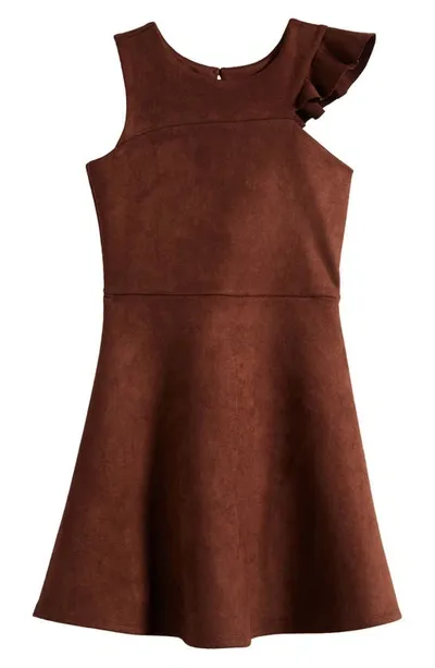 Ava & Yelly Kids' One-shoulder Ruffle Scuba Dress In Chocolate