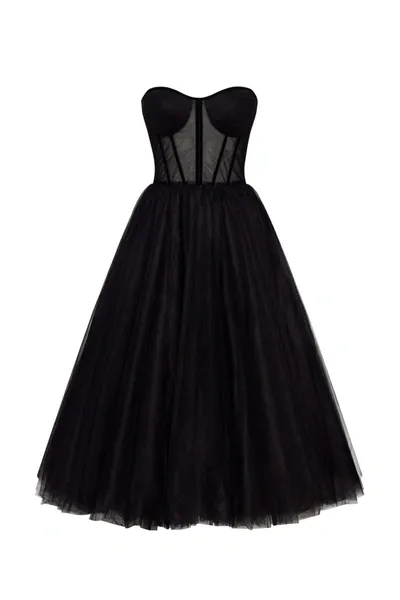 Milla Black Strapless Puffy Midi Tulle Dress