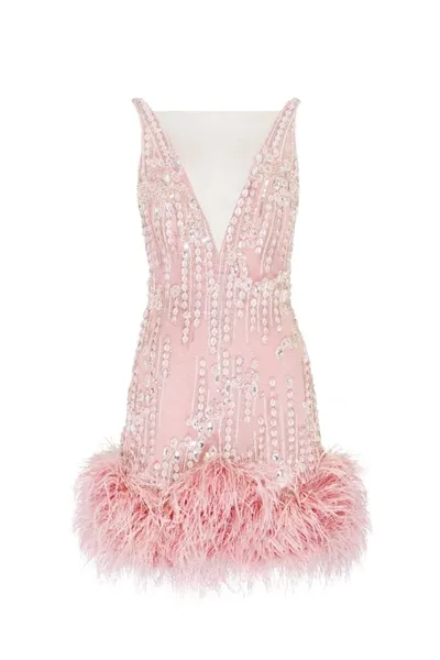 Milla Fabulous Mini Dress On Straps Adorned With Crystals And Feathers In Misty Rose