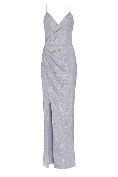 Milla Spaghetti Straps Silver Sparkling Wrapped Maxi Dress