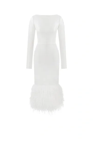 Milla Glamorous Feather-trimmed Midi Dress In Ivory