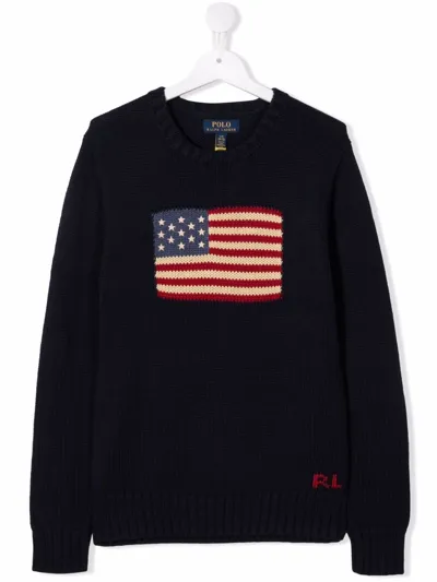 Polo Ralph Lauren Flag Cotton Crewneck Sweater In Blue