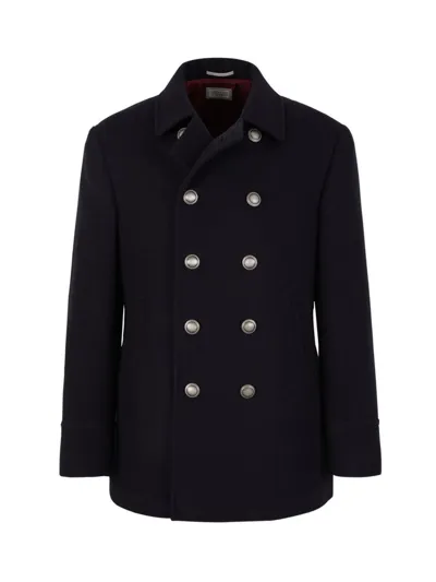 Brunello Cucinelli Long Sleeved Double Breasted Coat In Blue