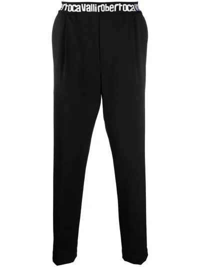 Roberto Cavalli Logo-waist Tapered Trousers In Black