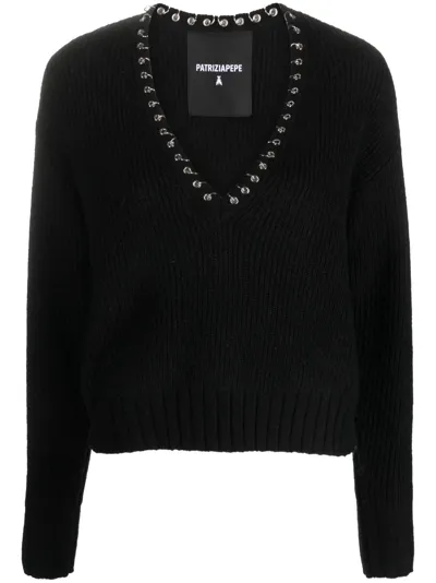 Patrizia Pepe Piercing-detail Chunky-knit Jumper In Black