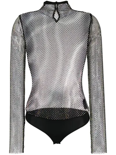 Patrizia Pepe Rhinestone-embellished Mesh Bodysuit In Black