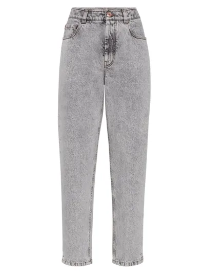 Brunello Cucinelli Soft Denim Straight Trousers With Shiny Details In Light Grey