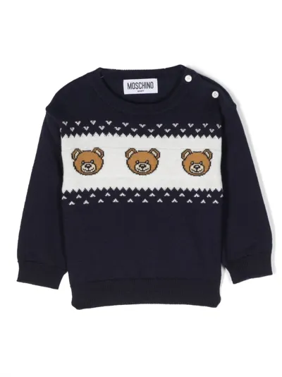 Moschino Babies' Bear-print Intarsia-knit Jumper In Blue