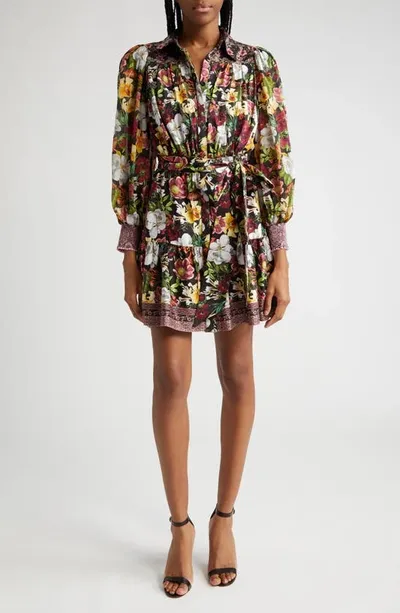 Alice And Olivia Mina Gathered Floral-print Chiffon Mini Dress In Juniper Floral Black