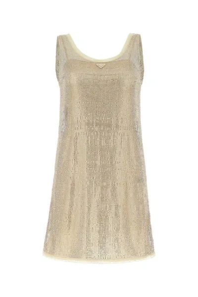 Prada Logo Plaque Embellished Sleeveless Dress In Gold