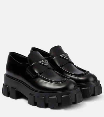 Prada Monolith Leather Platform Loafers In Black