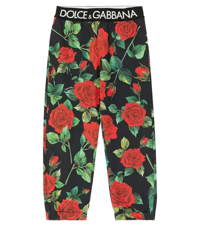 Dolce & Gabbana Kids Rose-print Logo Cotton Sweatpants In Black,red