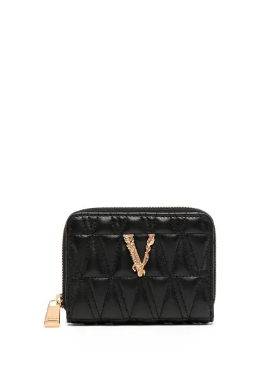 Versace Leather Zip Around Wallet In Black  