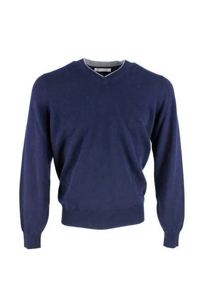 Brunello Cucinelli 100% Cashmere V-neck Sweater In Blue