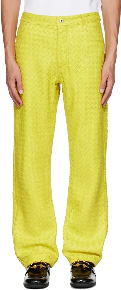 Bottega Veneta Yellow Intrecciato Leather Pants In Light House