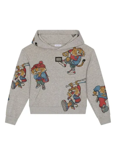 Dolce & Gabbana Kids' Printed Cotton Hoodie W/metal Logo In Grey