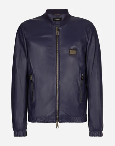 Dolce & Gabbana Leather Jacket With Branded Tag In Blue