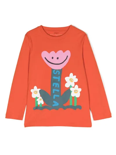 Stella Mccartney Kids' Smiley Tulip Floral-print Cotton T-shirt In Orange