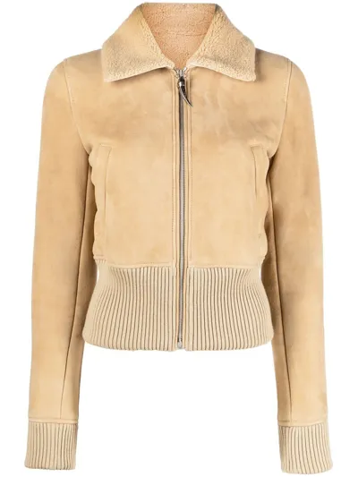 Roberto Cavalli Sheepskin Bomber Jacket In Neutrals