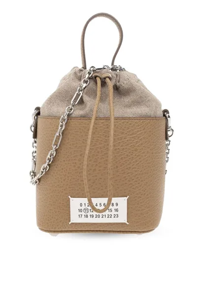 Maison Margiela 5ac Number Patch Drawstring Bucket Bag In Beige