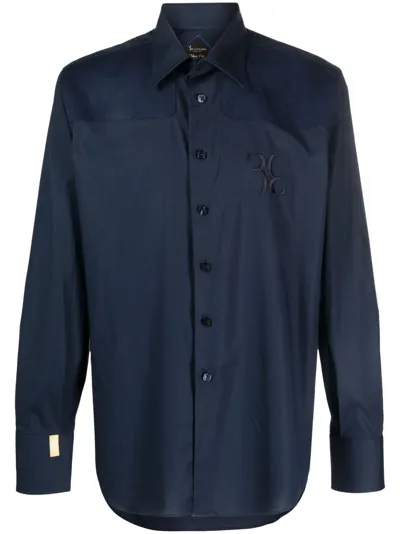 Billionaire Suede-panel Cotton Shirt In Blue