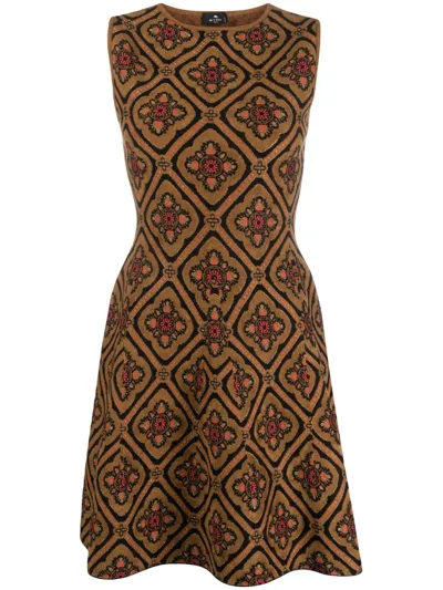 Etro Floral-jacquard Minidress In Brown