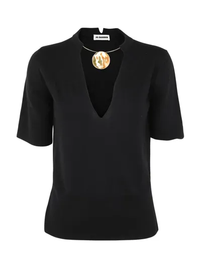 Jil Sander Crew Neck Short Sleeve Knit With Integrated Jewel Necklace Clothing In Black