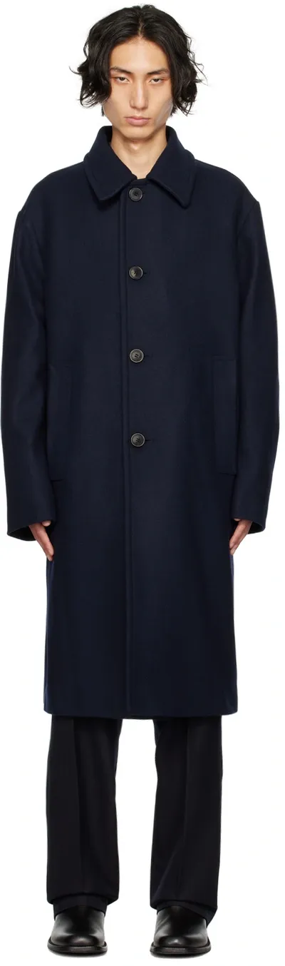 Dries Van Noten Navy Spread Collar Coat In 509 Navy