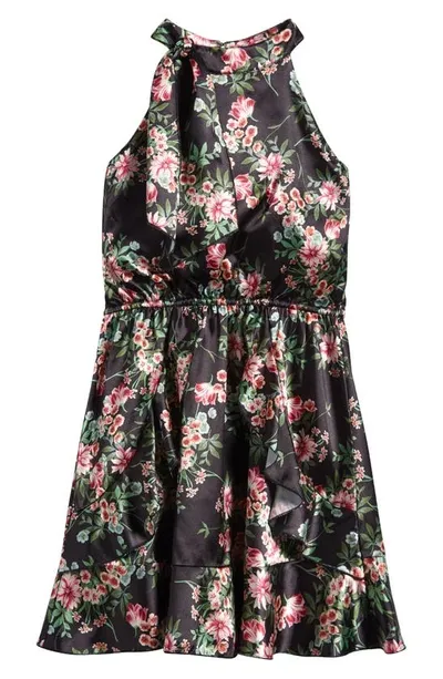 Ava & Yelly Kids' Floral Mock Neck Satin Dress In Multi Black