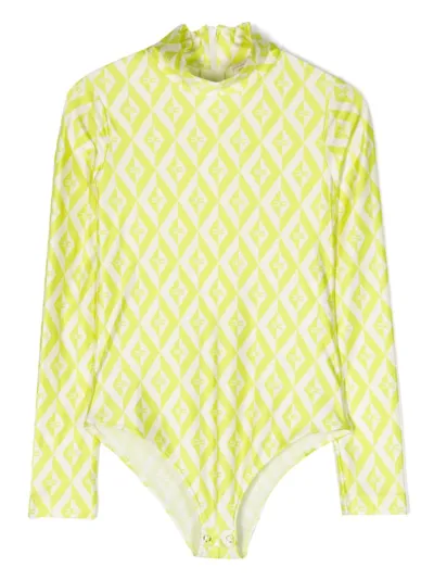 Elisabetta Franchi La Mia Bambina Kids' Monogram-print Mock-neck Bodysuit In Yellow