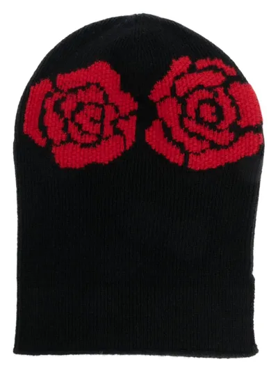 Barrie Cashmere Beanie With Roses Motifs In Black